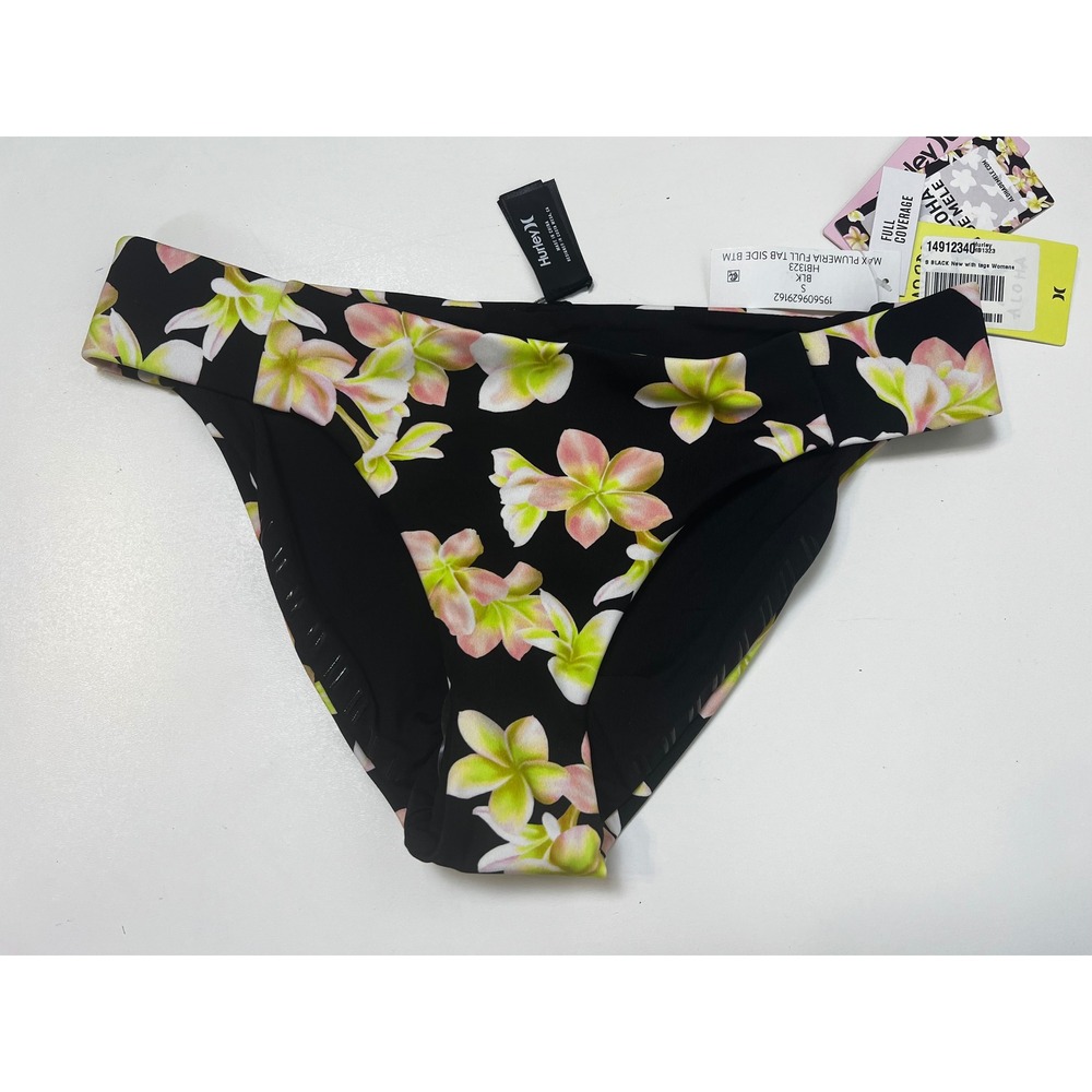 Hurley Max Plumeria Full Coverage Bikini Bottom Black Floral Size S NWT